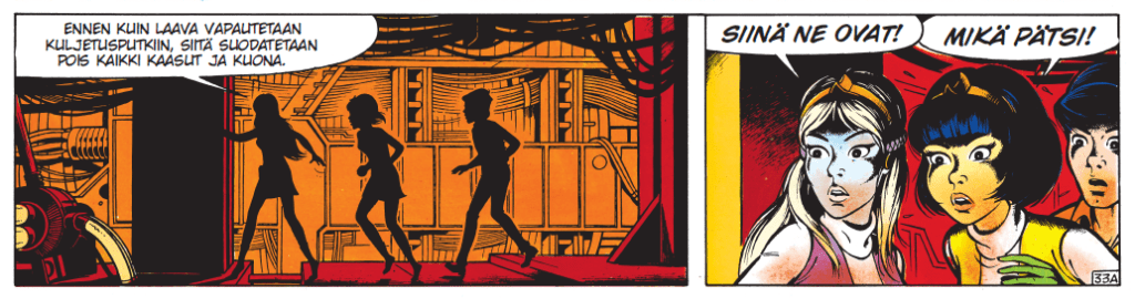 Kaksisarjakuvaruutua, joista jälkimmäisessä dramaattisesti varjostettu Yoko huudahtaa Mikä pätsi!