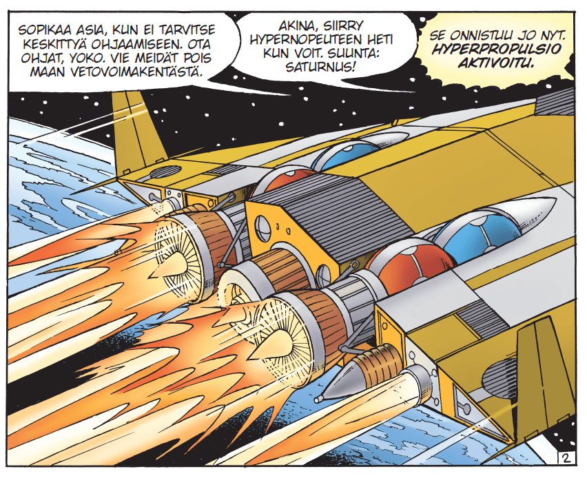 Avaruusaluksen perä. Sisältä tulee kupla, jossa sanotaan lihavoinnilla Hyperpropulsio aktivoitu.