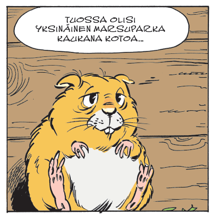 Marsu. Kuvanulkoinen puhuja sanoo Tuossa olisi yksinäinen marsuparka kaukana kotoa...