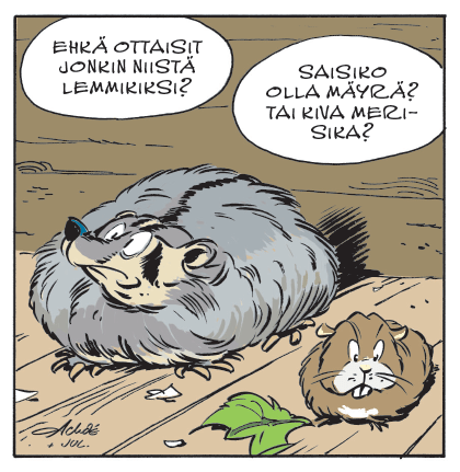 Mäyrä ja marsu. Kuvanulkoinen puhuja kysyy Ehkä ottaisit jonkin niistä lemmikiksi? Saisiko olla mäyrä? Tai kiva merisika?