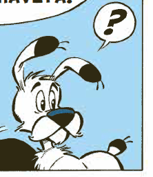 Osa sarjakuvaruudusta. Idefix kääntyneenä katsomaan taakseen, oikealle. Puhekuplassa kysymysmerkki.