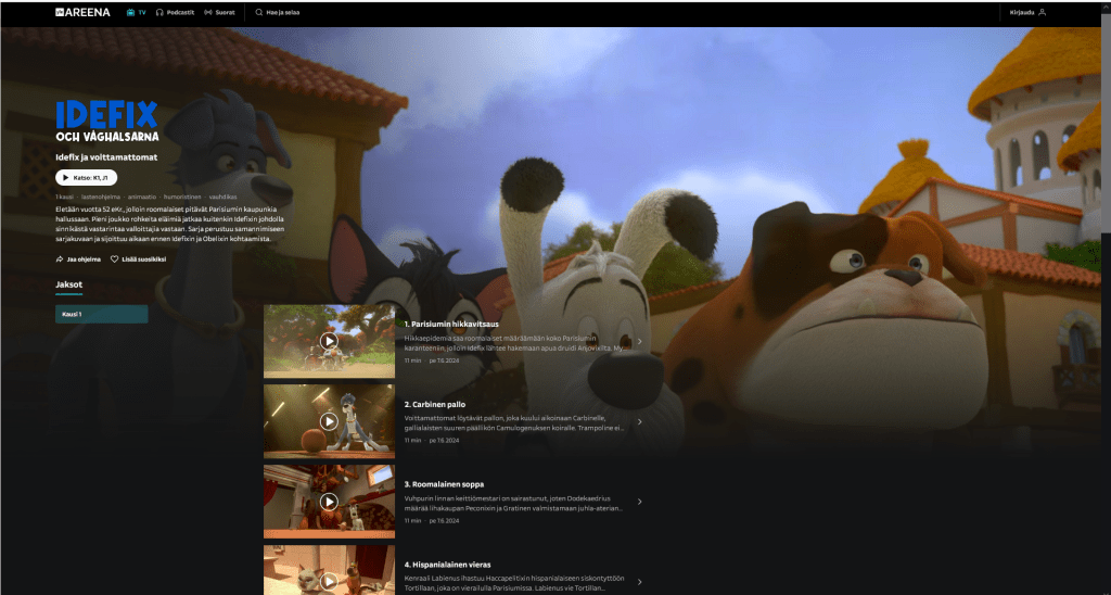 Kuvankaappaus Yle Areenasta, jossa näkyy Idefix och Våghalsarna -sarjan etusivu. Jaksojen taustalla näkyy Idefix-sarjan hahmoja kolmiulotteisena animaationa.