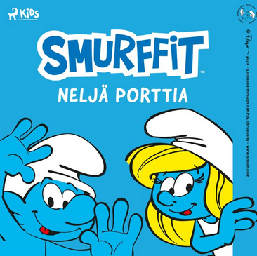 Äänikirjan kansikuva, jossa lukee Smurffit Neljä porttia. Kuvassa keltahiuksinen Smurffiina ja joku geneerinen sini-ihoinen smurffi katsovat katsojaa kuin kurkistelisivat nurkan takaa tai ikkunalasin läpi. Sininen tausta.