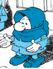 Piirroshahmo kuvattuna yläviistosta. Värityksessä on käytetty musta-valkoista sekä vaalean ja tumman sinistä. Lyhyt ihmisennäköinen hahmo, jonka huppu peittää päälaen sekä suun ja leuan. Hupun alta näkyvät silmät ja esiin pistää pyöreä pottunokka. Hahmon keskiaikatyyppiset kangasvaatteet ovat repalaiset ja paikatut. Kädet osoittavat eteenpäin kuin hahmo selittäisi jotain ja kulmakarvojen asento viittaa ystävälliseen ilmeeseen hupun suojissa.