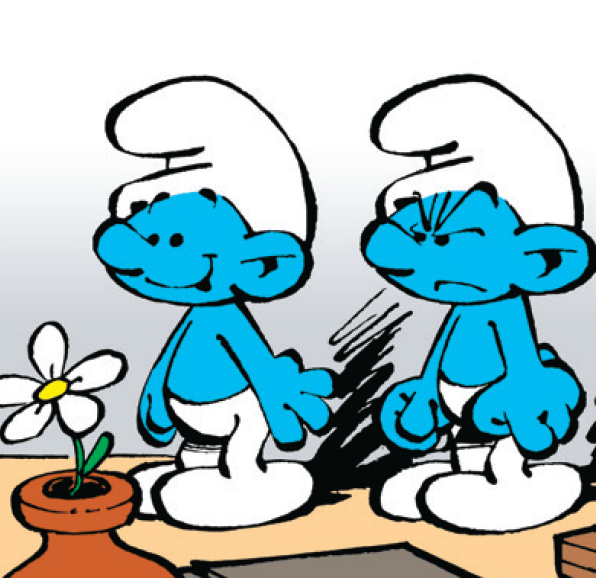 Piirroskuva kahdesta smurffista vierekkäin. Toinen hymyilee iloisesti ja toinen on vihainen, kulmat kurtussa, suupielet alaspäin ja kädet nyrkissä. Ei mitään muita erottavia piirteitä.