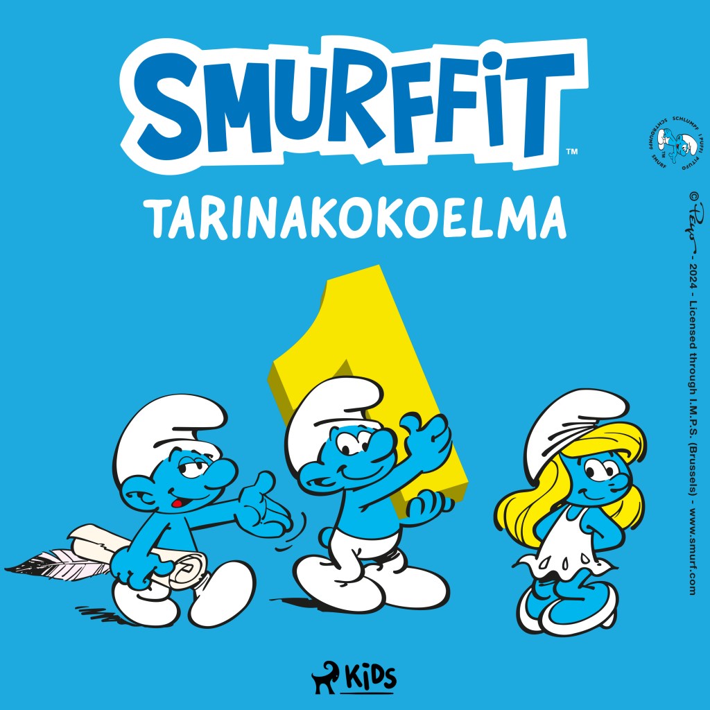 Äänikirjan kansikuva, jossa seisovat Smurffiina, ehkä Runoilijasmurffi sulkakynä kädessään ja kolmas geneerinen smurffi, joka pitelee numeroa 1. Tekstinä lukee Smurffit tarinakokoelma.