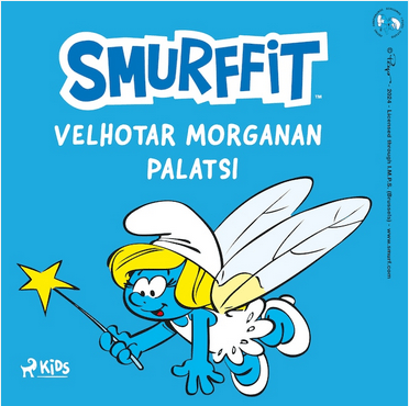 Äänikirjan kansikuva, jossa lukee Smurffit Velhotar Morganan palatsi. Kuvassa keltahiuksisella, valkoiseen mekkoon pukeutuneella Smurffiinalla on keijusiivet ja tähtitaikasauva, ja hän lentää ilmassa sinistä taustaa vasten.