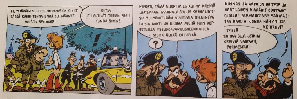 Kolme sarjakuvaruutua. Hahmot keskustelevat armeijan edustajan kanssa. Hänellä on silmälasit, kähärä parta, nököhampaat, rannekello ja luomi poskessa.