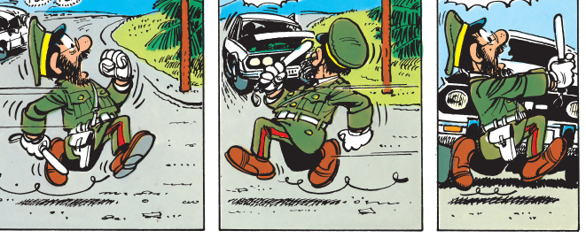 Kolme sarjakuvan ruutua edestakaisin juoksevasta liikennepoliisista, jolla on sottainen parta ja silmälasit. Yhdestä erottuu myös luomi poskessa.