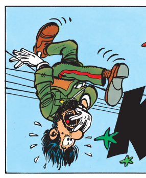 Osa sarjakuvan ruudusta. Hahmo roikkuu ylösalaisin puhelinlangoista. Hänellä on kähärä parta ja selkeästi luomi poskessa.