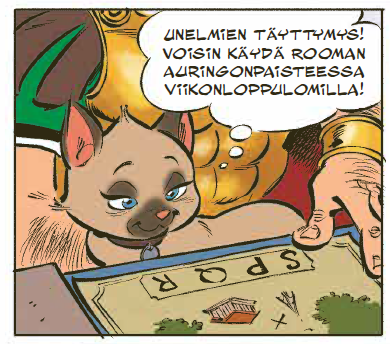 Sarjakuvan ruutu, jossa kissa Monalisa haaveilee isäntänsä sylissä, että voisi käydä Rooman auringonpaisteessa viikonloppulomilla.