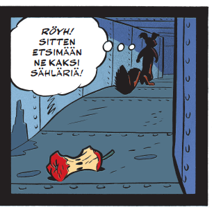 Sarjakuvan ruutu, jossa Spip-orava kävelee metallista ilmastointitunnelia poispäin varjoihin. Etualalla on syöty omenankara. Spip ajattelee: Röyh! Sitten etsimään ne kaksi sähläriä.