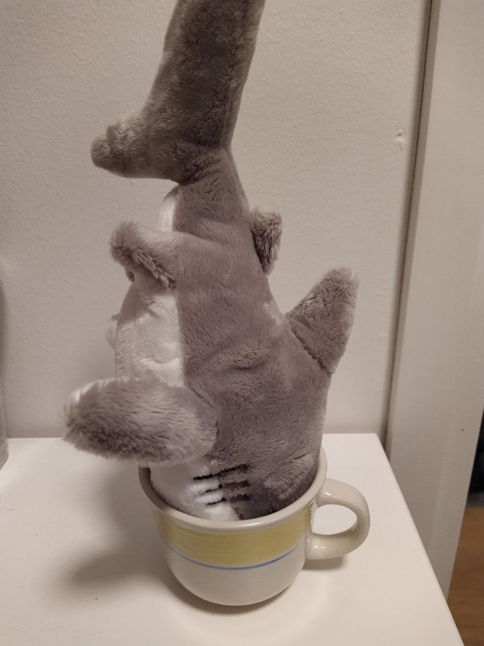 Kuvassa on pienikokoinen muki, jossa on keltainen raita. Mukiin on tungettu pää edellä semmoinen parikymmentäsenttinen haipehmolelu, joka törröttää pyrstö pystyssä.