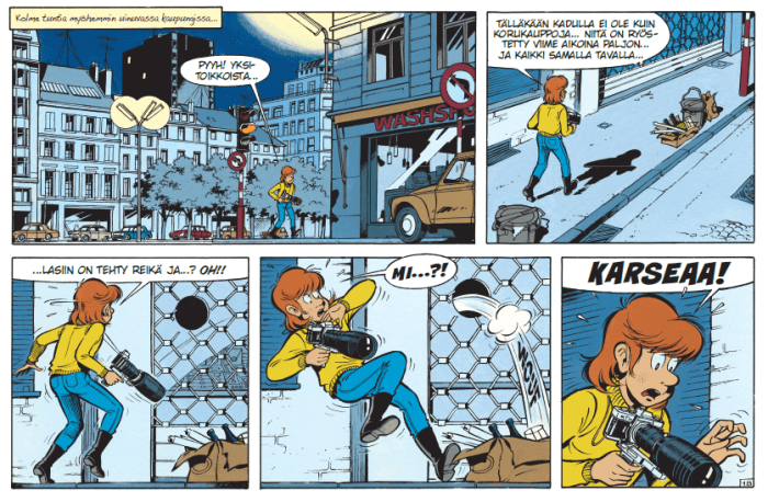 Puolikas Yoko Tsuno -sarjakuvan sivu, jossa Pol kulkee öisillä kaduilla kamera kädessä ja puhuu itsekseen, että korukauppoja on ryöstetty siten, että ikkunoihin on jäänyt pyöreä reikä. Sitten hän huomaa ikkunan, jossa on reikä, säikähtää jotakin ikkunasta kadulle lennähtävää asiaa ja huutaa puolikuvassa Karseaa! Monet visuaaliset elementit ovat samoja kuin edellisissä kuvissa, kuten salmiakkiruutuinen kuviointi korukaupan erikoislasissa.