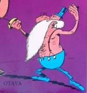 Violetilla taustalla sarjakuvahahmo, joka osoittaa floretilla eteenpäin taempi jalka kauniisti ojennettuna ja taempi käsi kaarella kuin ballerinalla. Miehellä on siniset housut ja henkselit, vyötäisille saakka yltävä valkoinen parta ja silinterihattu, mutta hän on paidatta.