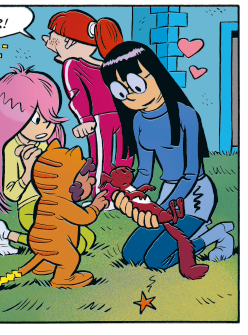 Puolikas sarjakuvan ruutu, jossa neljä tyttöä on Spip-oravan ympärillä. Pisin, mustatukkainen ja silmälasipäinen, on pukeutunut siniseen ja pitelee polvillaan maassa oravaa sylissään. Pikkuisin on pukeutunut kissaksi ja katselee vierestä. Hänen takanaan pinkkitukkainen on polvillaan myös päivittelemässä tilannetta. Taustalla punatukkainen ja pisamainen pieni tyttö punaisissa sporttivaatteissa on selin ja huutaa jollekulle.