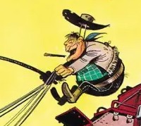 Sarjakuvahahmo keltaisella taustalla. Mies ajaa vaunuja ja pitelee ohjaksia istuma-asennossa mutta on lennähtänyt ilmaan, eikä pylly pysy penkissä. Hän on tukeva ja hymyilee suurella suullaan hampaattomasti, silmät sirrissä. Pitkä sikari tai tupakka lentää suusta ilmassa. Cowboy-hattukin lennähtää päästä, ja siinä näkyy luodinreikiä. Miehellä on hapsutakki, ruutupaita ja buutsit.