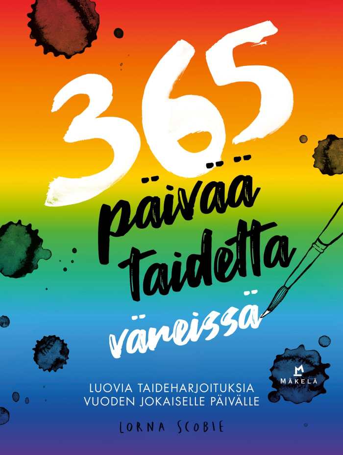 Kirjan kansikuva, jossa on sateenkaaren väreissä vaihtuvalla taustalla teksti 365 päivää taidetta väreissä. Luovia taideharjoituksia vuoden jokaiselle päivälle. Kannessa on myös vesiväriä muistuttavia tummia läiskiä sekä ääriviivoina piirretty sivellin, joka näyttää piirtävän otsikon kirjaimet.