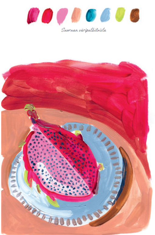 Maalaus sinertävästä lautasesta, jonka reunassa kiertää rusehtavia koristeviivoja. Lautasella on iso lohko magentaa pitaijaa eli lohikäärmehedelmää, jossa on mustia siemeniä ja kuoren puolelta pilkistäviä vihreitä tupsuja. Lautasen alla pöytä on beige ja taustaväri pöydän takana voimakkaan punainen. Yllä on erikseen rivi väriläiskiä, joiden yhteydessä lukee suoraan väriputkiloista.