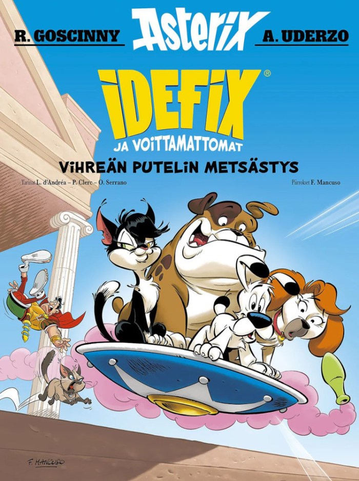 VIhreän putelin metsästyksen kansikuva. Alareunassa on portaat, joiden yllä lentämässä on pyöreä gallialaiskilpi. Sen kyydissä surffaavat tyyni kissa Sardine, roteva, iloinen Haccapelitix, pikkuinen Idefix ja huolestuneelta näyttävä Vitamine. Hahmot katsovat pientä vihreää amforaa, joka lentää ilmassa heidän edellään. Taustalla roomalaiskissa Monalisa syöksyy raivoissaan sankareiden perään.